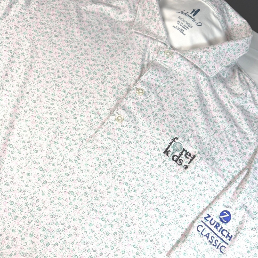 Johnnie-O Polo Shirt Mens XL Pink Floral Zurich Classic Fore Kids Golf EUC